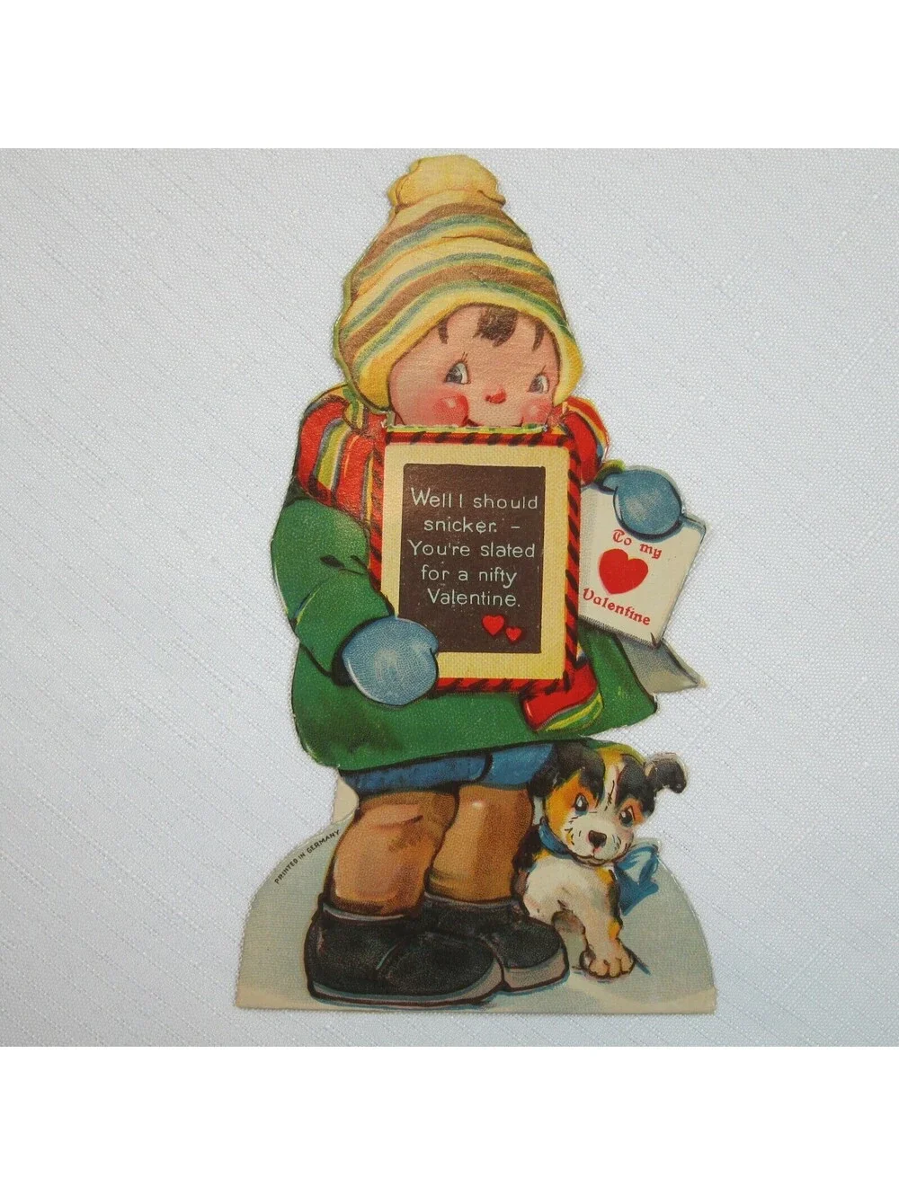 Vintage Valentine Card Boy & Puppy Dog Mechanical Moving Head Germany 20s-30s